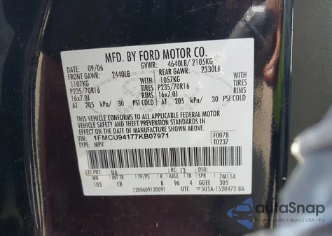 2007 Ford Escape Limited from USA, damaged, VIN 1FMCU94177KB07971
